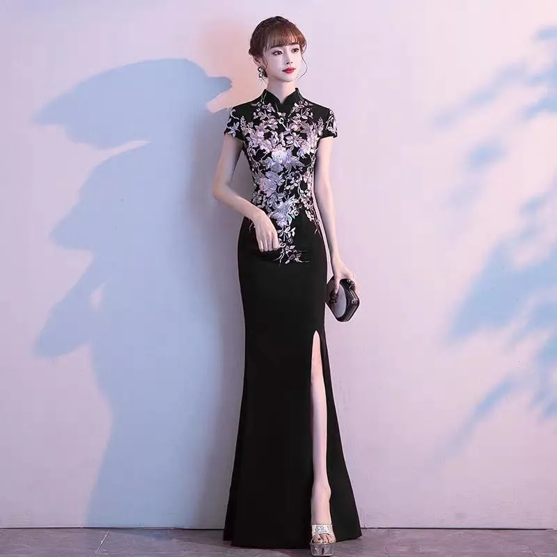Banquet evening dress female 2019 new noble host fishtail slim high-end Chinese temperament cheongsam dress