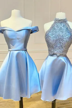 Blue Satin Short Prom Dresses, A-Line Homecoming Dresses