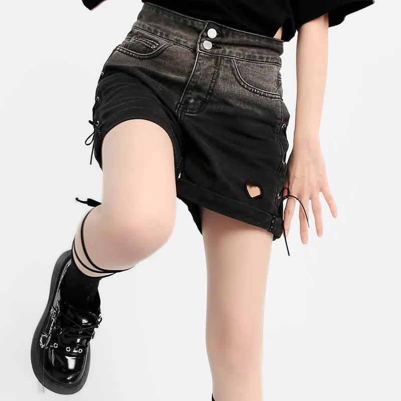 Dark Gradient Heart Hole Grunge Shorts