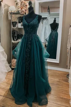 Elegant Dresses Gowns Evening Dresses V Neck Dark Green Lace Long Prom Dresses A Line Tulle Evening Dresses