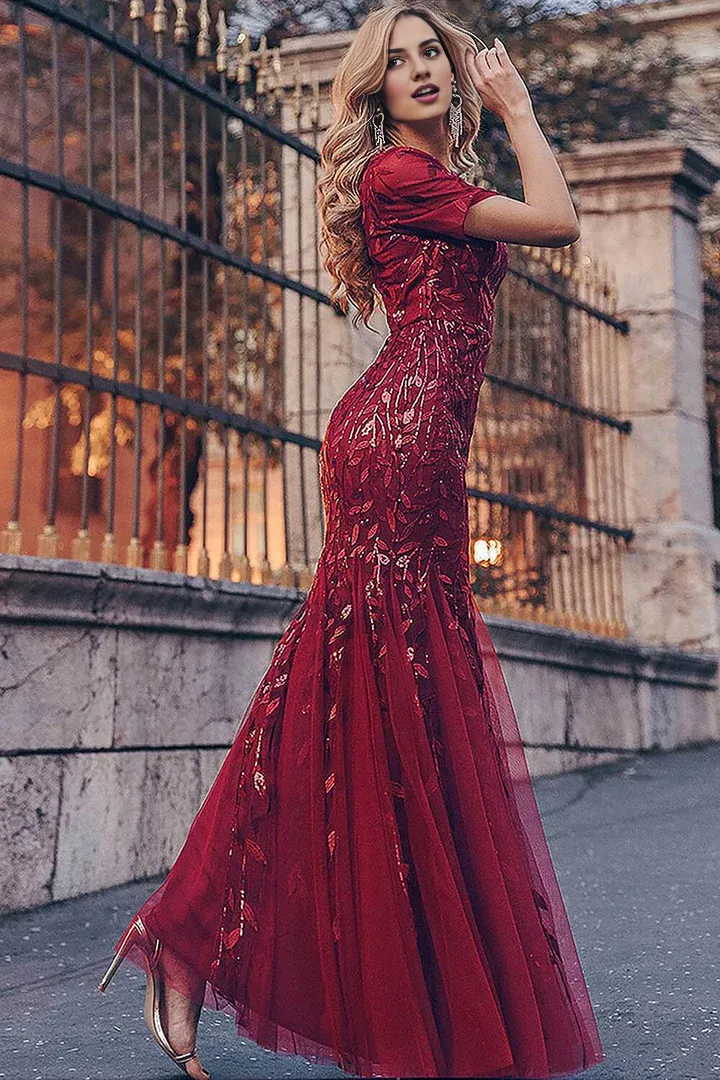Elegant Formal Dresses Applique Fitted Short Sleeve Dresses Gowns Evening Dresses