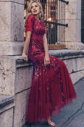 Elegant Formal Dresses Applique Fitted Short Sleeve Dresses Gowns Evening Dresses
