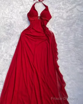 Halter Red A Line Long Prom Dresses Ruffled Evening Dresses
