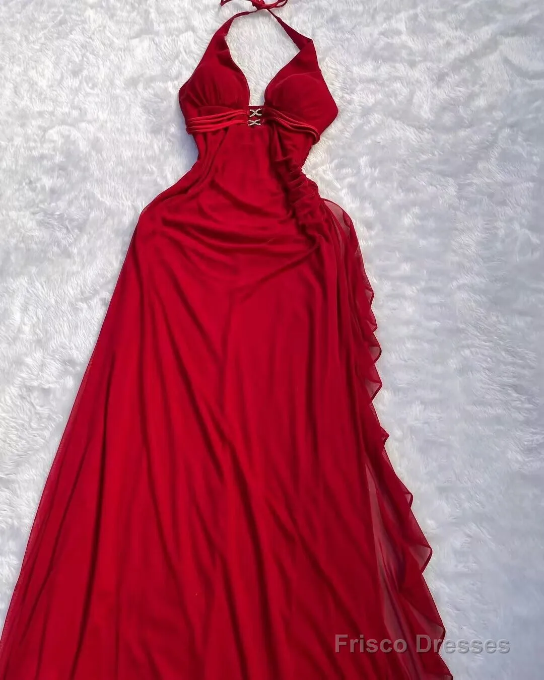 Halter Red A Line Long Prom Dresses Ruffled Evening Dresses