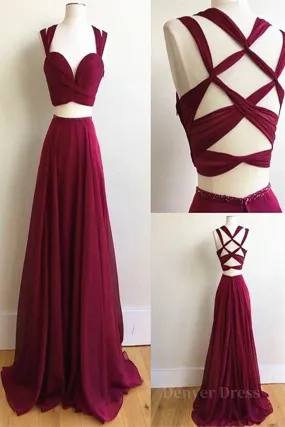 kamahe Two Pieces Burgundy Chiffon Long Prom Dresses, 2 Pieces Wine Red Long Formal Evening Dresses