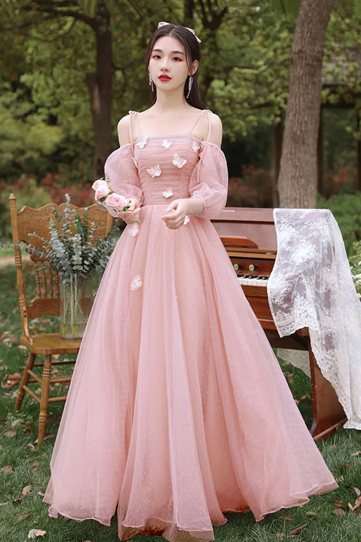 Pink Tulle Long Prom Dresses A-Line Tulle Party Dresses With Butterfly Bridesmaid Dresses