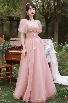 Pink Tulle Long Prom Dresses A-Line Tulle Party Dresses With Butterfly Bridesmaid Dresses