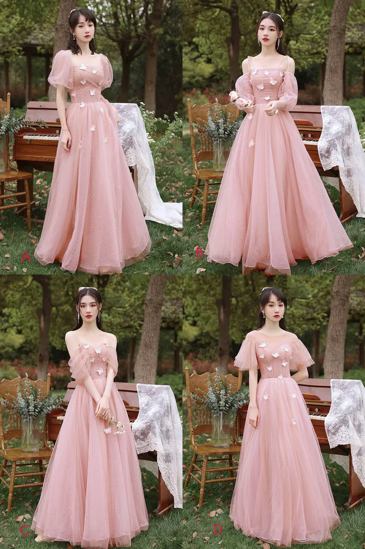 Pink Tulle Long Prom Dresses A-Line Tulle Party Dresses With Butterfly Bridesmaid Dresses