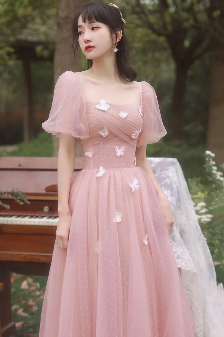 Pink Tulle Long Prom Dresses A-Line Tulle Party Dresses With Butterfly Bridesmaid Dresses