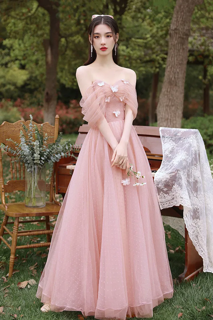 Pink Tulle Long Prom Dresses A-Line Tulle Party Dresses With Butterfly Bridesmaid Dresses