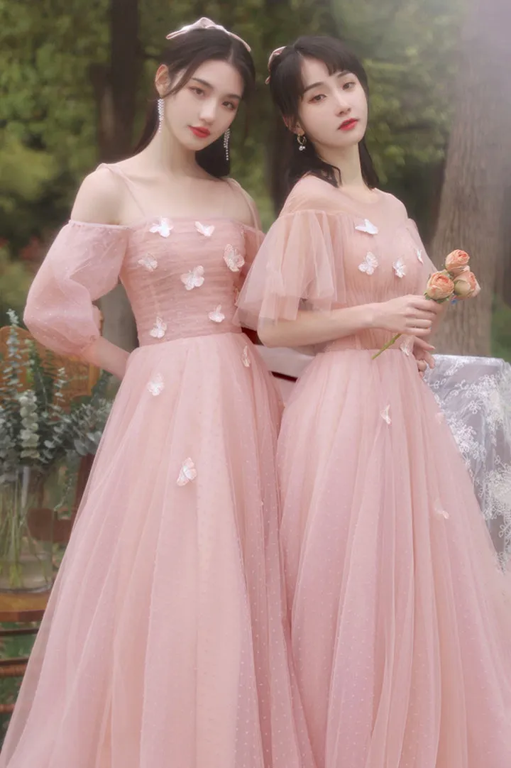 Pink Tulle Long Prom Dresses A-Line Tulle Party Dresses With Butterfly Bridesmaid Dresses