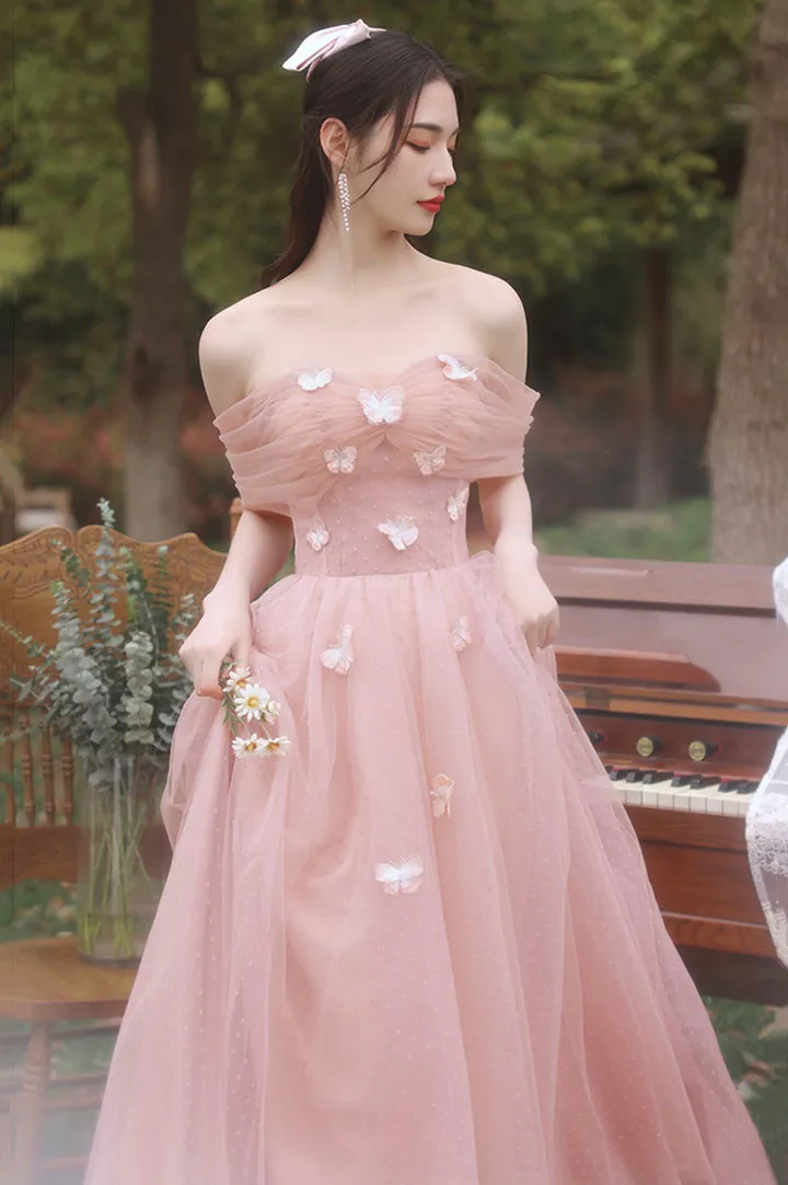 Pink Tulle Long Prom Dresses A-Line Tulle Party Dresses With Butterfly Bridesmaid Dresses