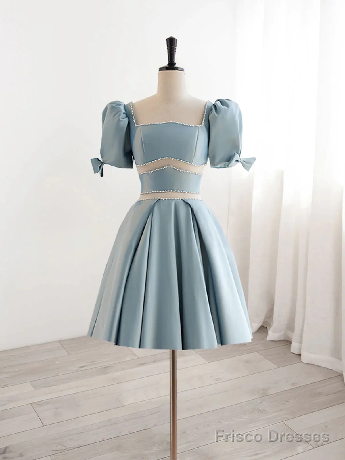 Short Sleeves Short Blue Prom Dresses, Short Blue Formal Homecoming Dresses