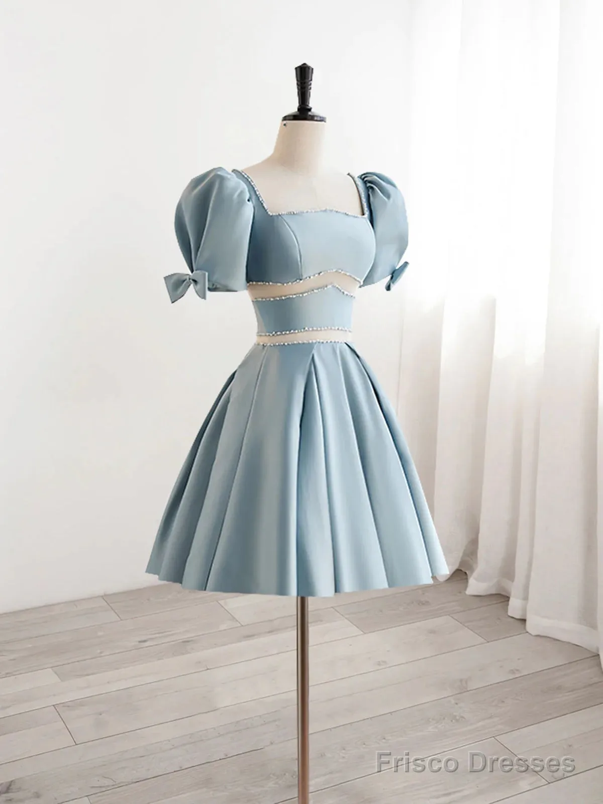 Short Sleeves Short Blue Prom Dresses, Short Blue Formal Homecoming Dresses