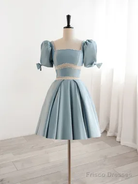 Short Sleeves Short Blue Prom Dresses, Short Blue Formal Homecoming Dresses