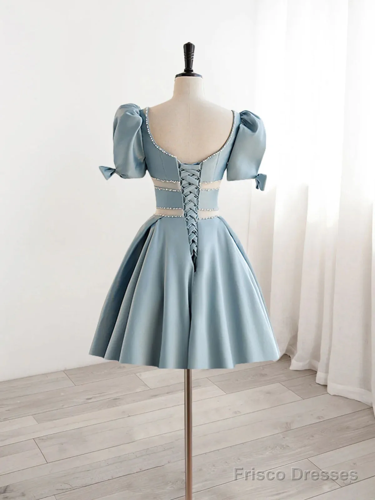 Short Sleeves Short Blue Prom Dresses, Short Blue Formal Homecoming Dresses