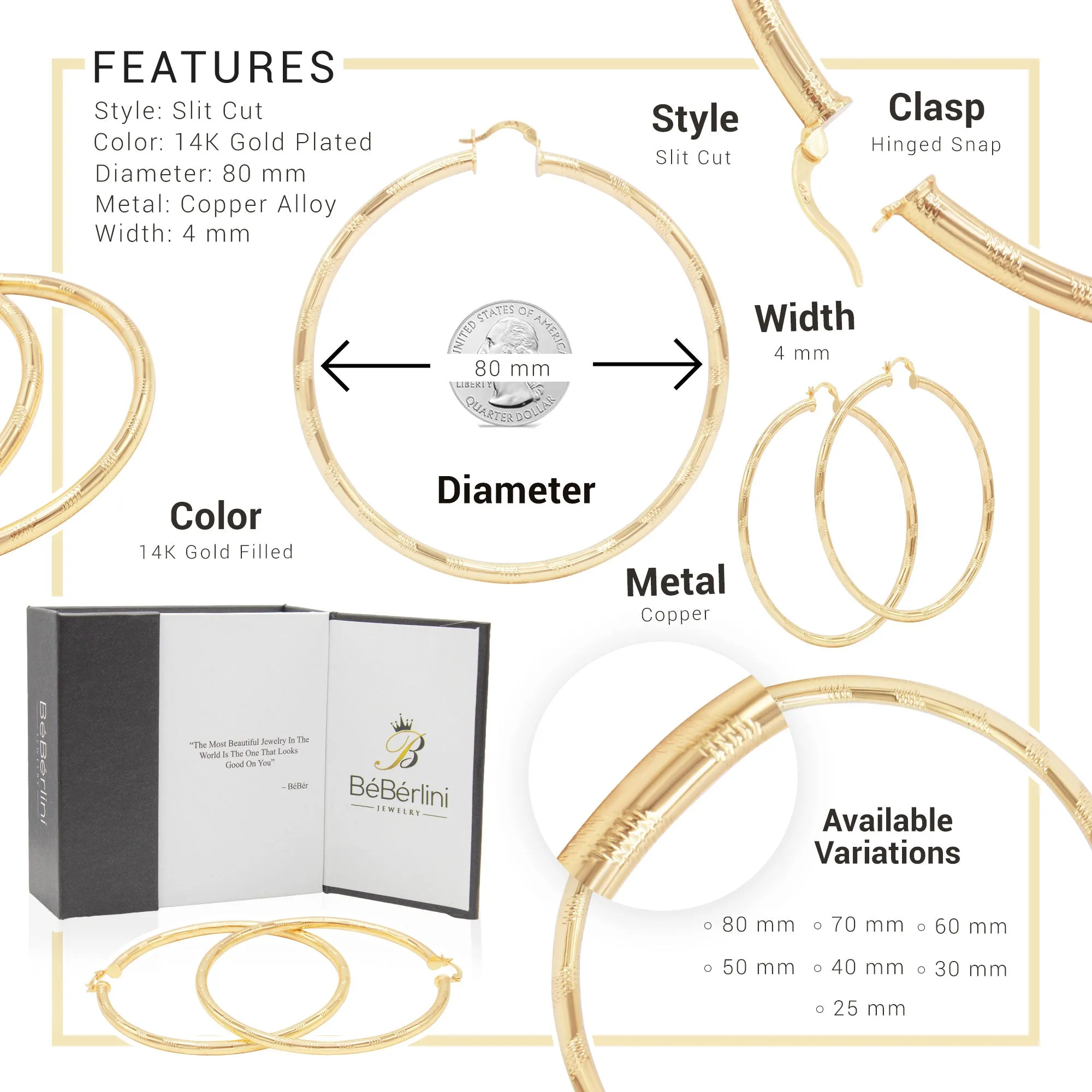 Slit Cut 14K Gold-Filled Hoop Earrings For Women 25 - 80 mm