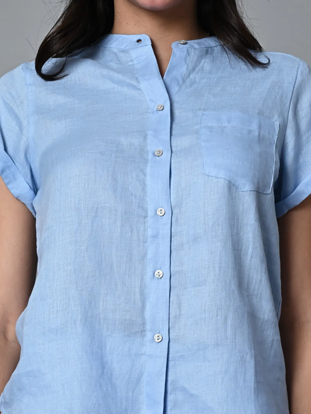 Women's Light Blue Linen Regular Fit Blouse