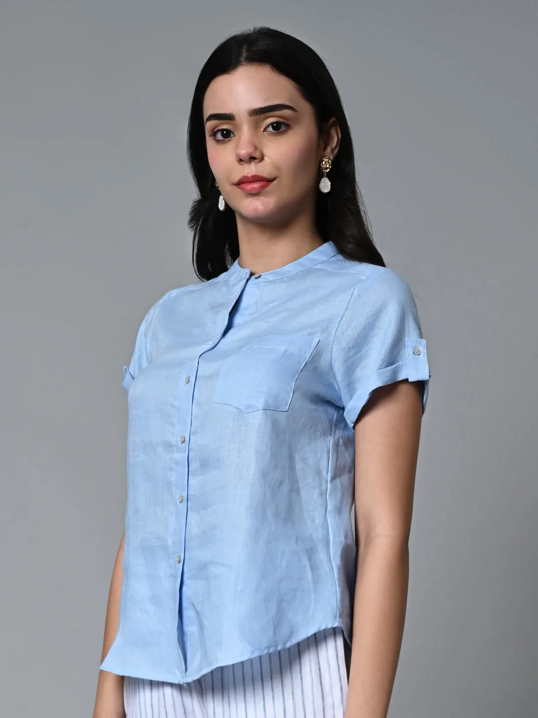 Women's Light Blue Linen Regular Fit Blouse
