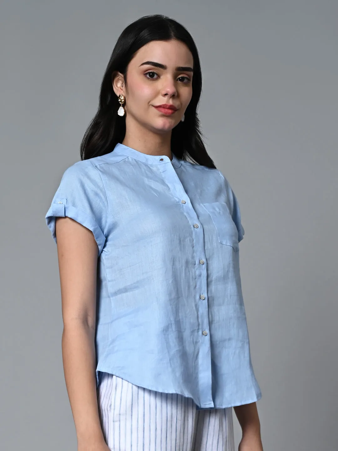Women's Light Blue Linen Regular Fit Blouse
