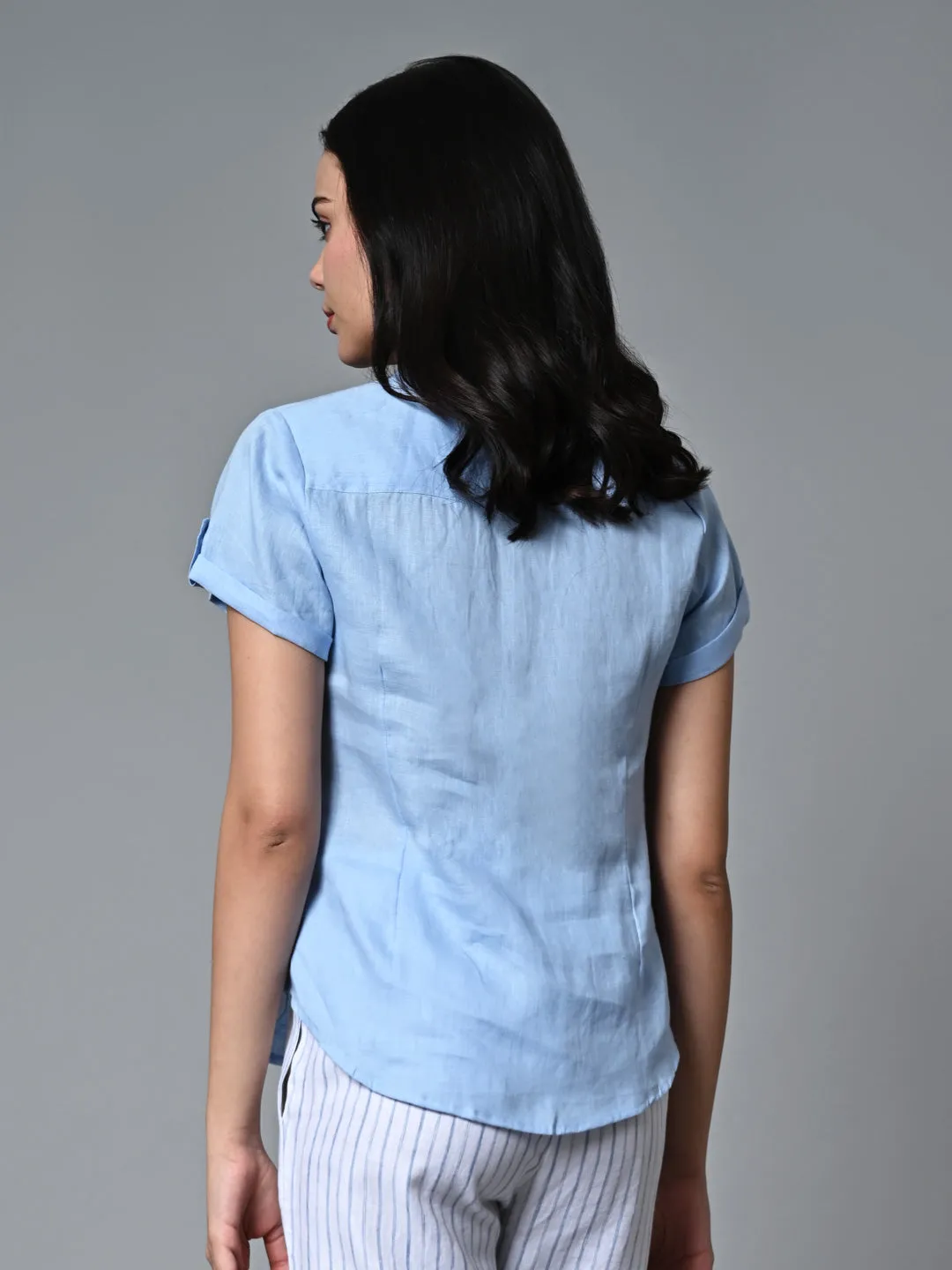 Women's Light Blue Linen Regular Fit Blouse